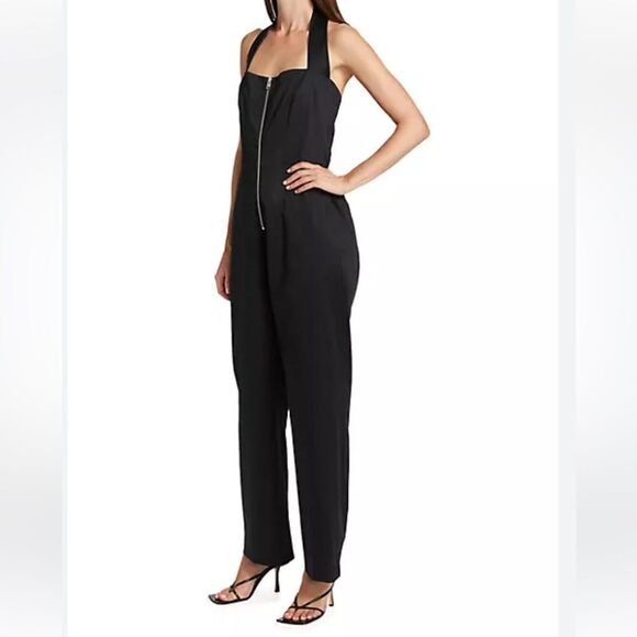 FRAME Women’s Halter Jumpsuit Straight Leg Front Zip Plissé Trim Size Small - Picture 2 of 10